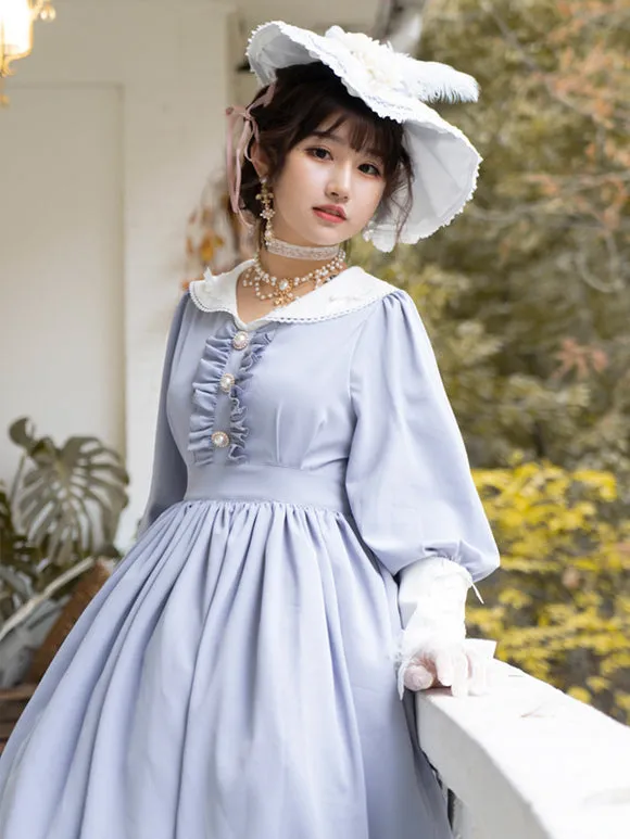 Classical Lolita Dress Polyester Ruffles Lolita Dresses Long Sleeves Classic Baby Blue