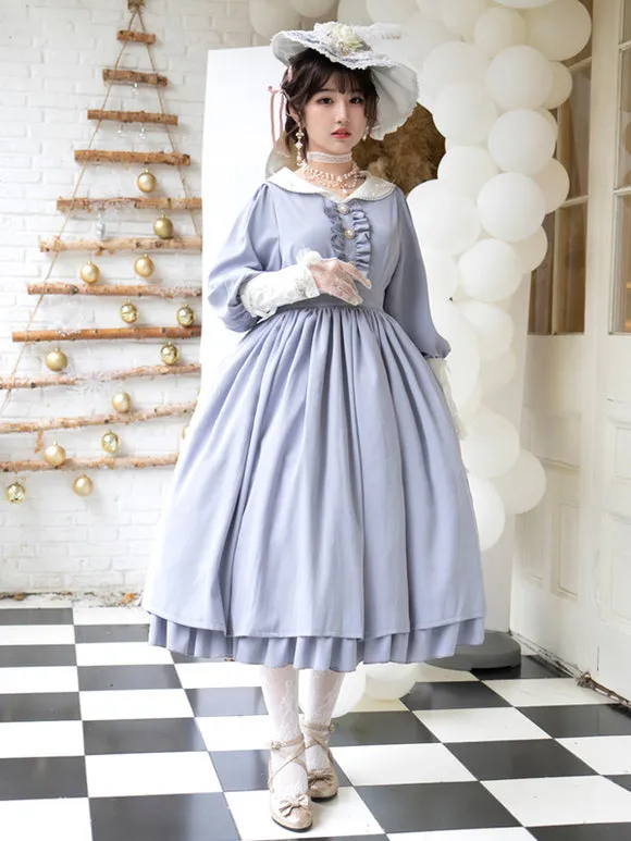 Classical Lolita Dress Polyester Ruffles Lolita Dresses Long Sleeves Classic Baby Blue