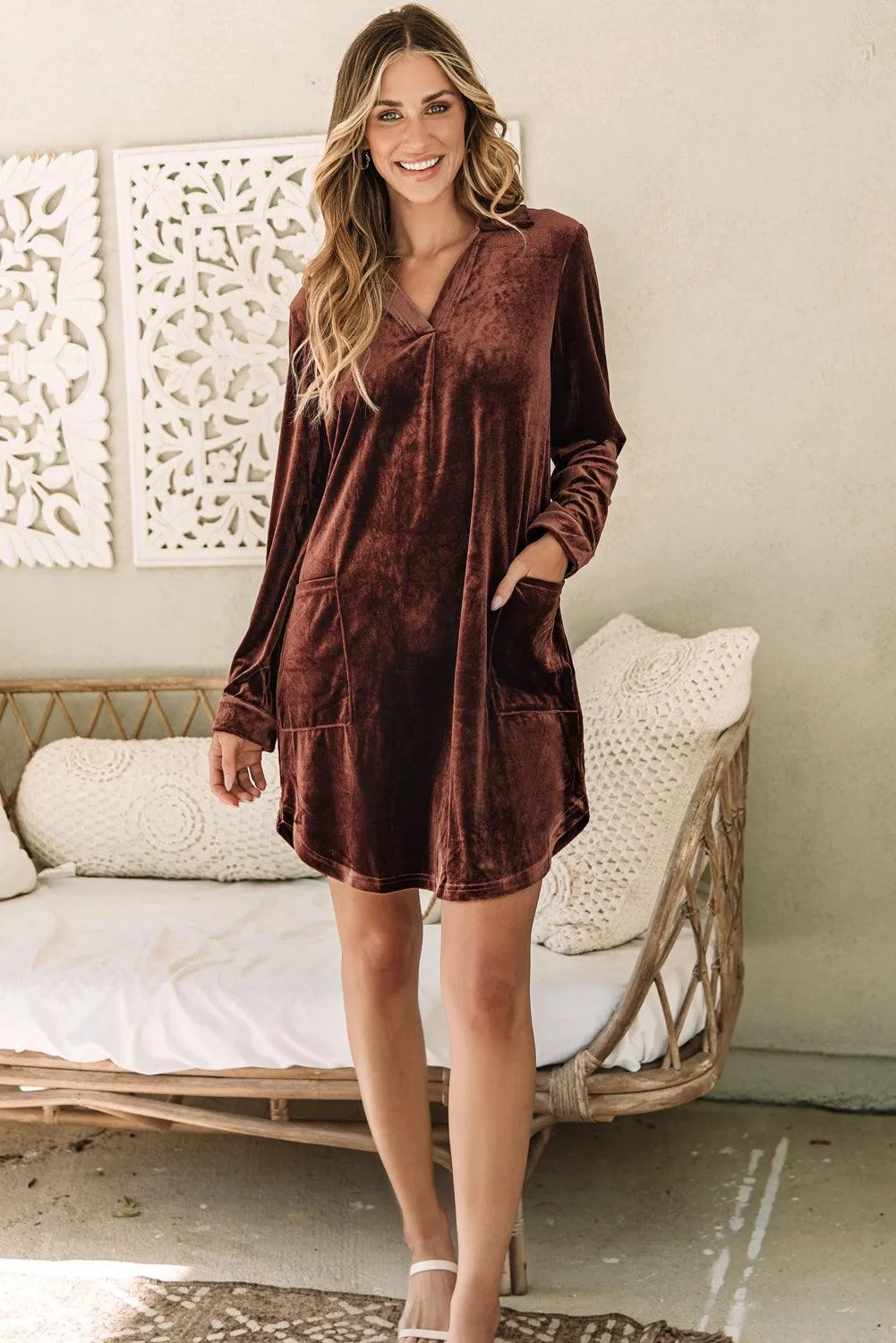Collared V-Neck Shift Dress with Pockets