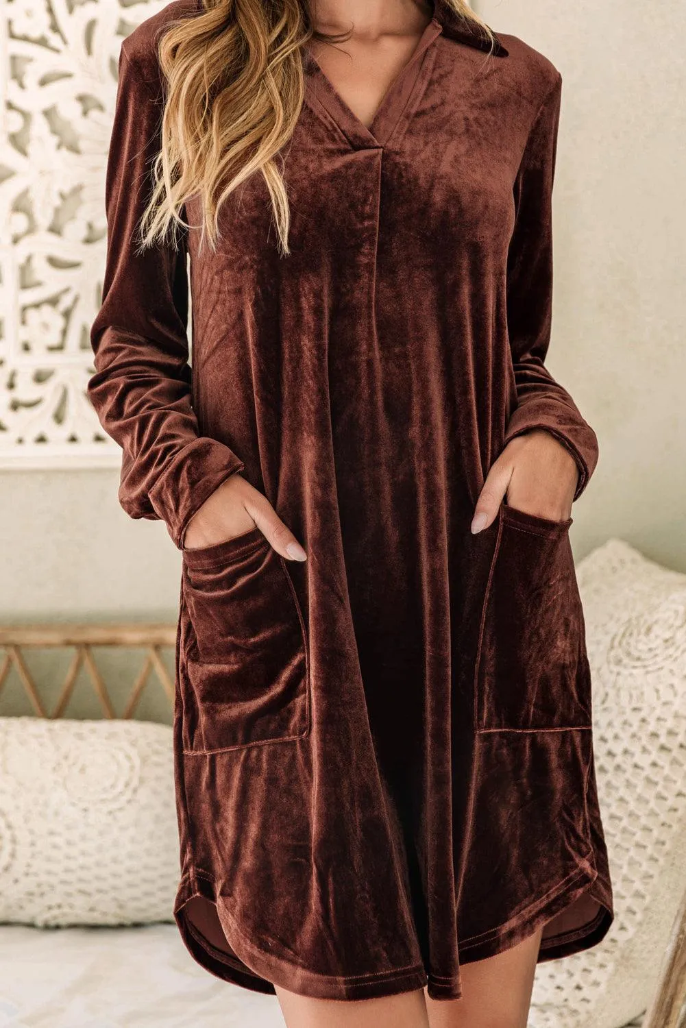 Collared V-Neck Shift Dress with Pockets