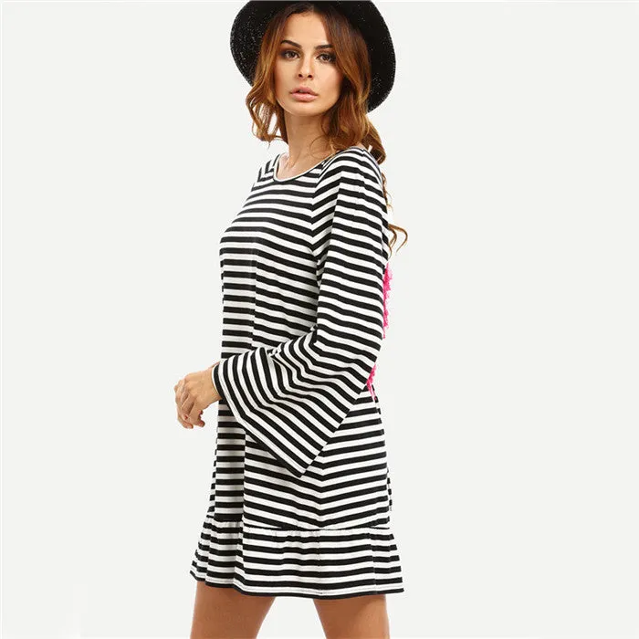 COLROVIE Striped Backless Tassel Straight Summer Style Dresses Beach Women Long Sleeve White Shift Dress