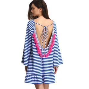 COLROVIE Striped Backless Tassel Straight Summer Style Dresses Beach Women Long Sleeve White Shift Dress