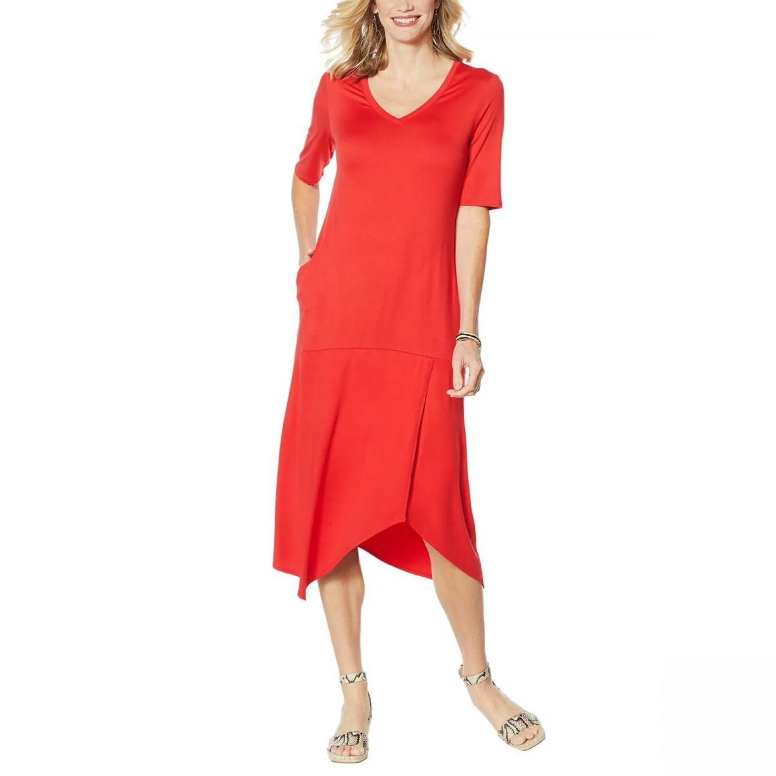 Comfort Code by Cuddl Duds Elbow Sleeve Handkerchief Hem Dress Tomato Medium