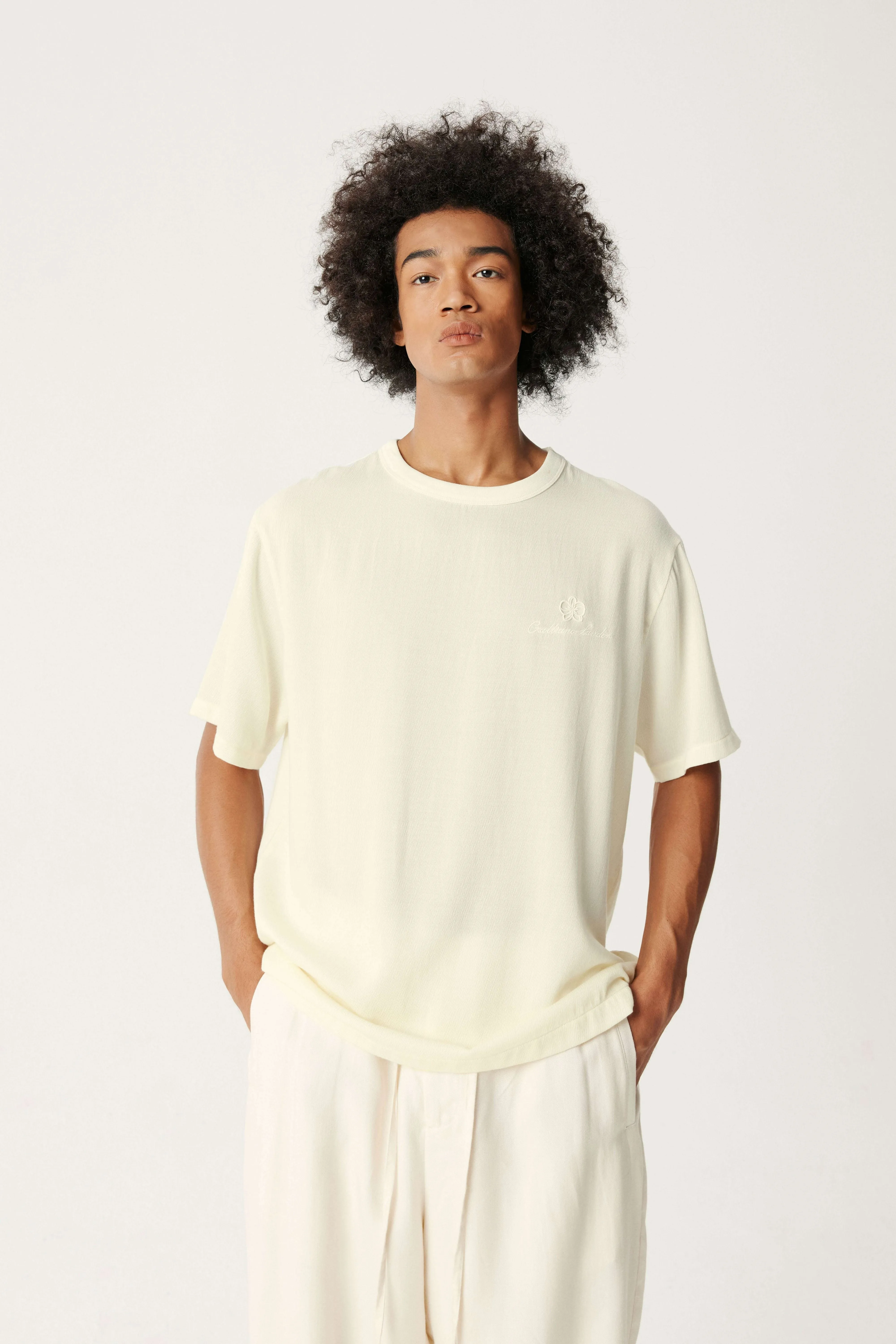 Cream White Tencel Wool Short-sleeved Shirt