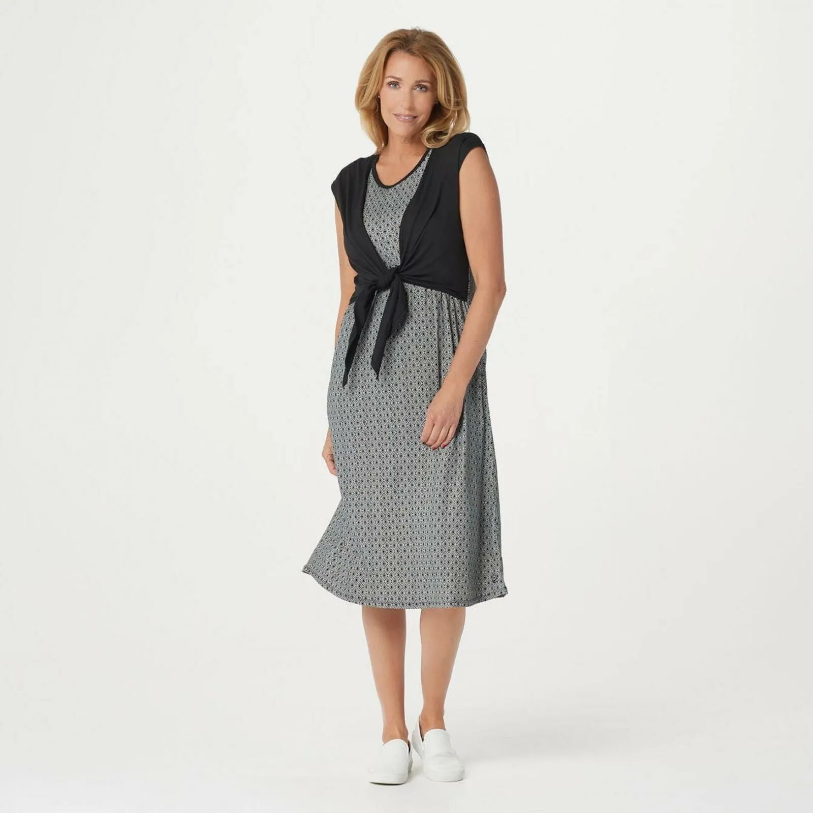 Cuddl Duds Women's Flexwear Tie-Front Midi Dress Black/Geo Medium