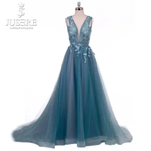 Cyan Evening Dress Blue Green V neck Illusion Bodice Tank  Lace up Back A line Tulle Prom Dress Long 2018 Real Work Appliques