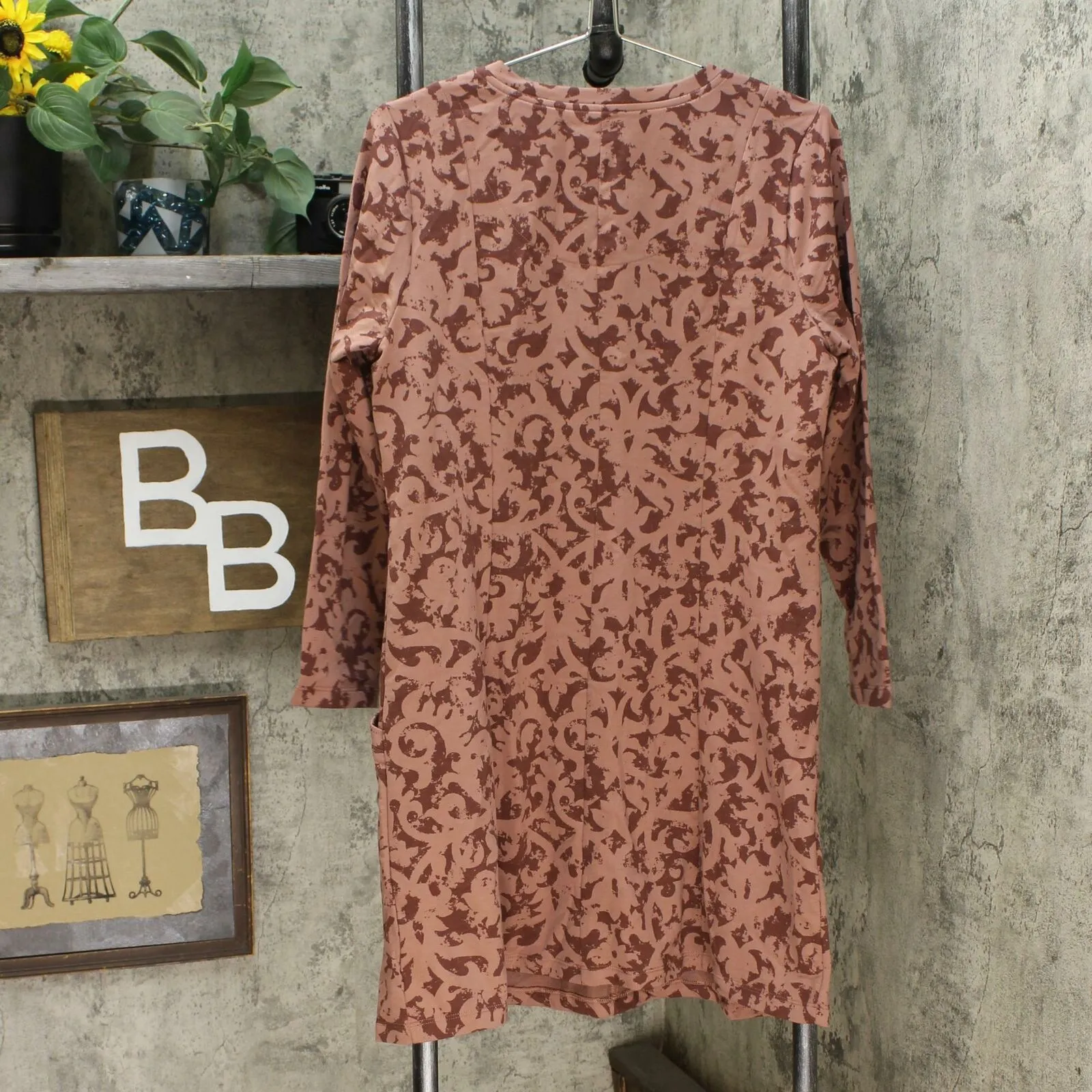 Denim & Co. Printed Fit & Flare Dress Antique Rose Petite Medium