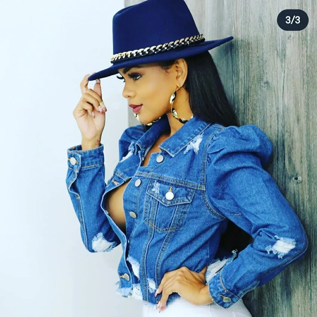 Denim Distressed Puff Jacket