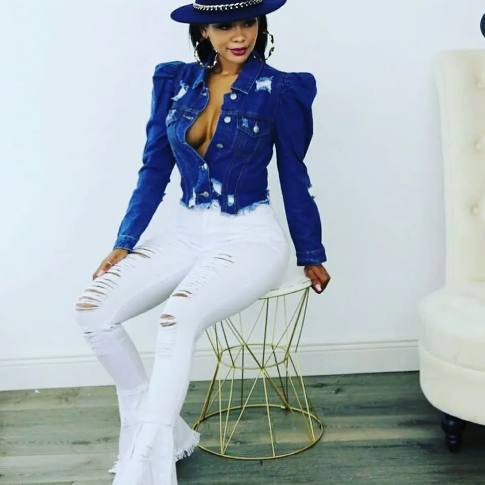 Denim Distressed Puff Jacket