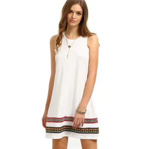 Dotfashion Female White Vintage-faced Sleeveless Shift Mini Dress Casual Round Neck Straight Short Dress