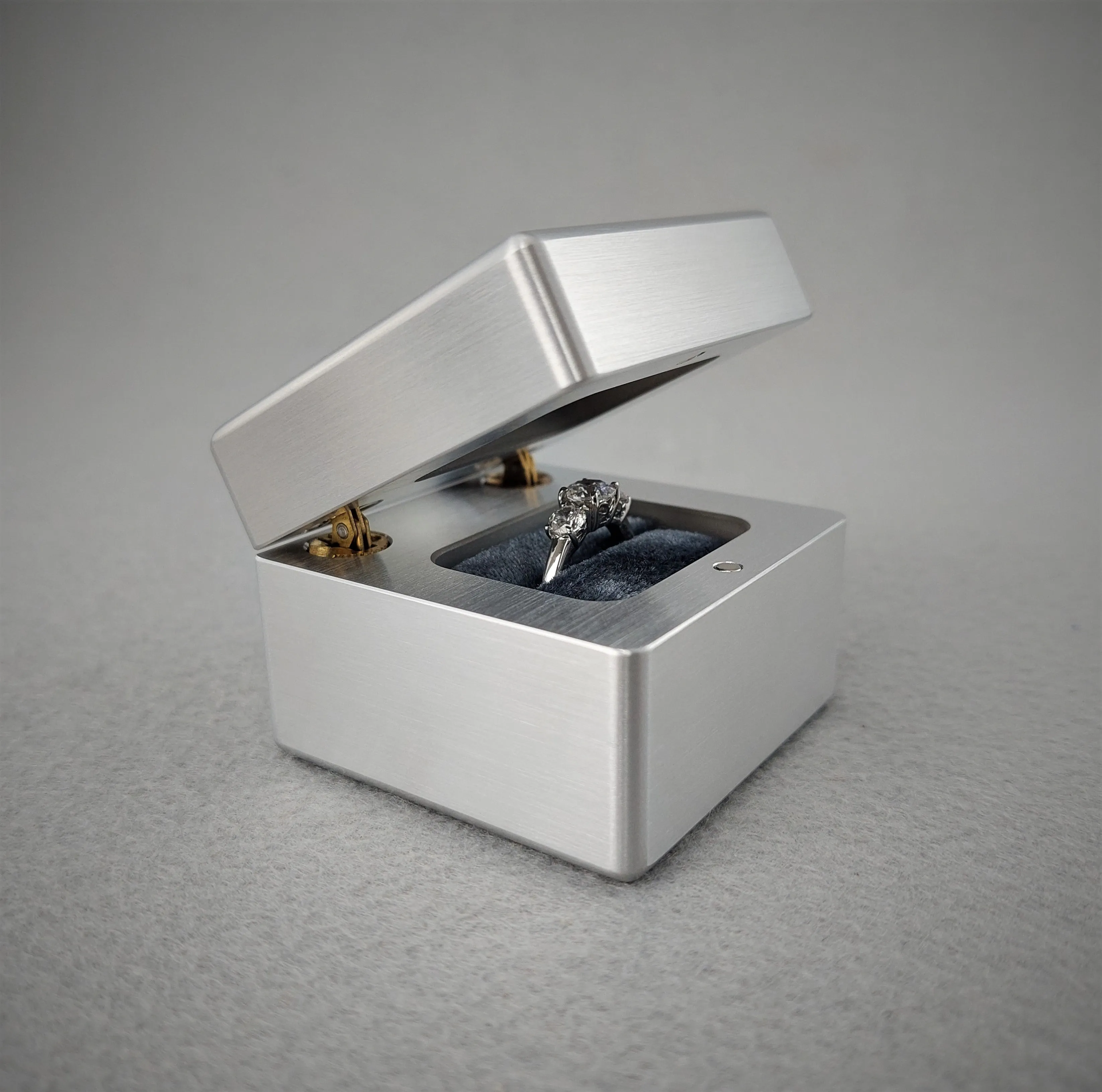 DPCustoms "Smooth Operator" Engagement Ring Box in Brushed Solid Aluminum and Brass, Featuring Leopardwood, Bloodwood, Zebrawood Inlays
