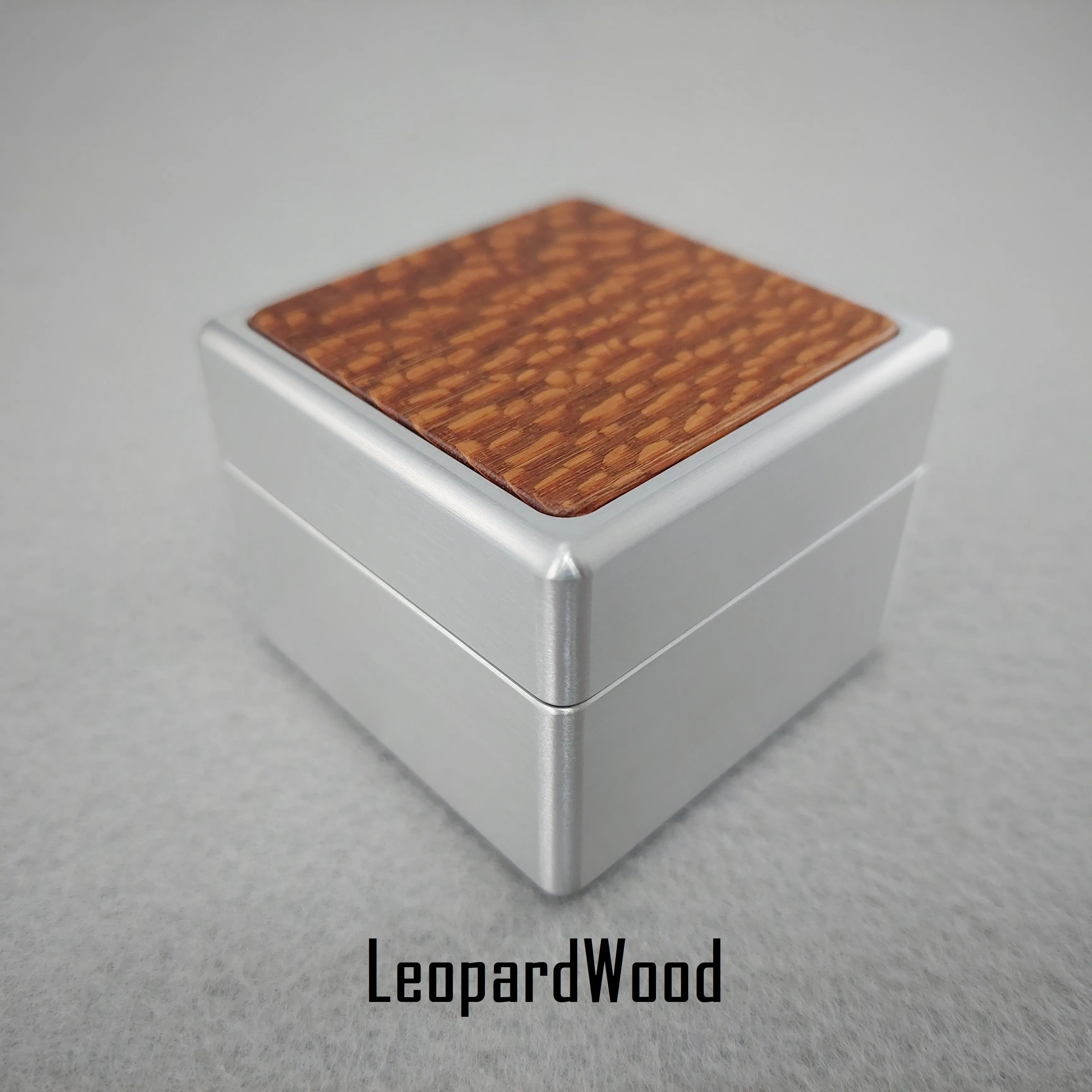 DPCustoms "Smooth Operator" Engagement Ring Box in Brushed Solid Aluminum and Brass, Featuring Leopardwood, Bloodwood, Zebrawood Inlays