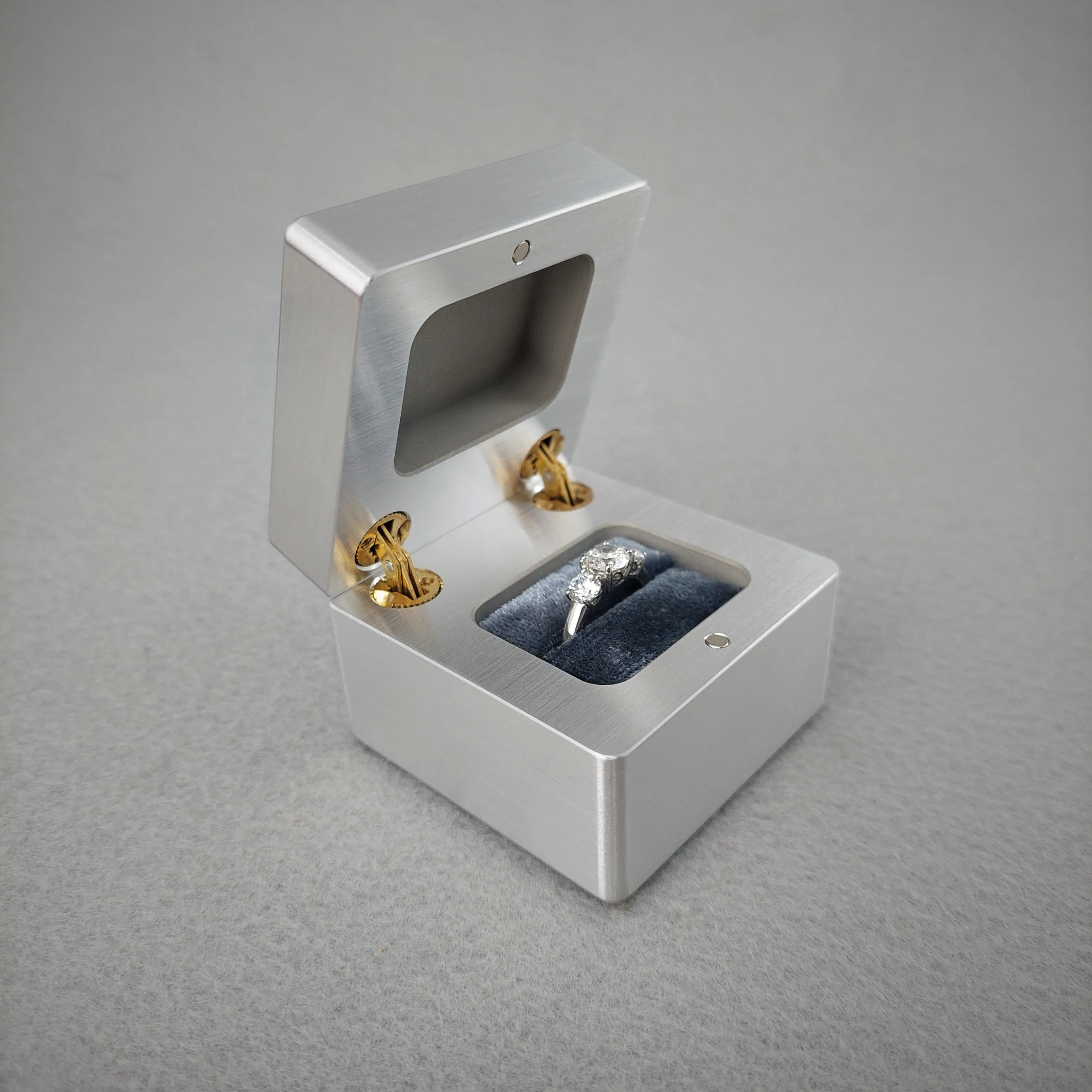 DPCustoms "Smooth Operator" Engagement Ring Box in Brushed Solid Aluminum and Brass, Featuring Leopardwood, Bloodwood, Zebrawood Inlays
