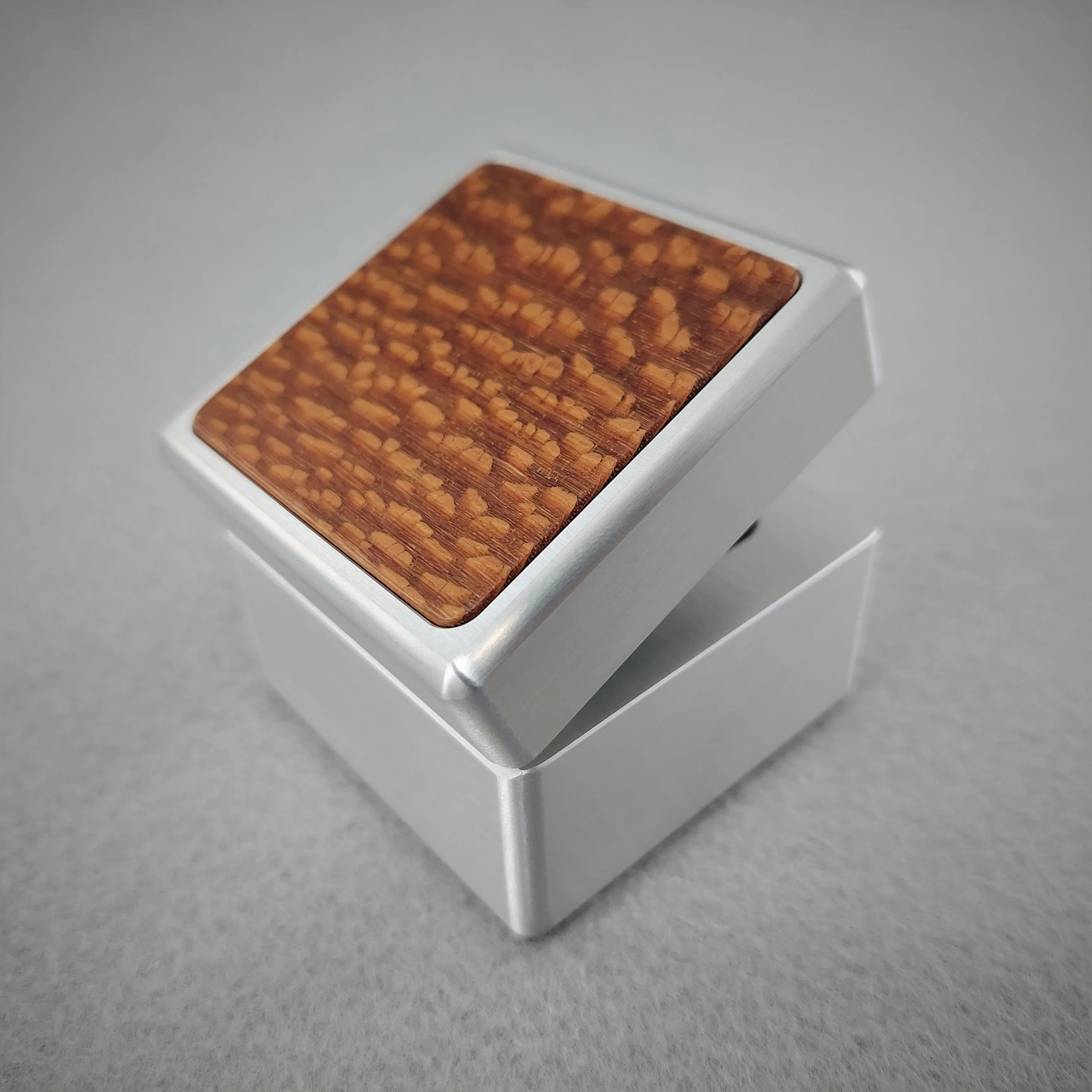 DPCustoms "Smooth Operator" Engagement Ring Box in Brushed Solid Aluminum and Brass, Featuring Leopardwood, Bloodwood, Zebrawood Inlays