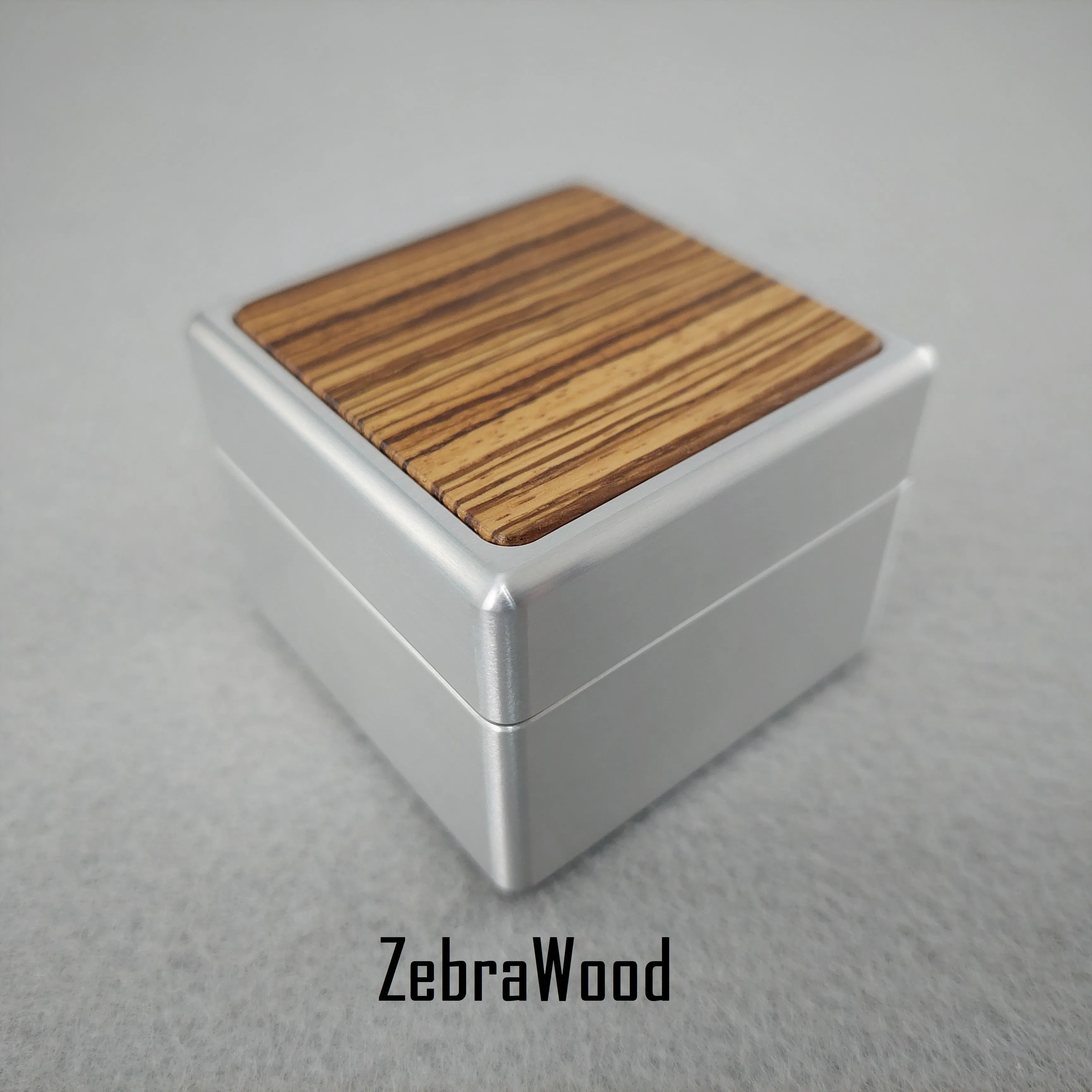 DPCustoms "Smooth Operator" Engagement Ring Box in Brushed Solid Aluminum and Brass, Featuring Leopardwood, Bloodwood, Zebrawood Inlays