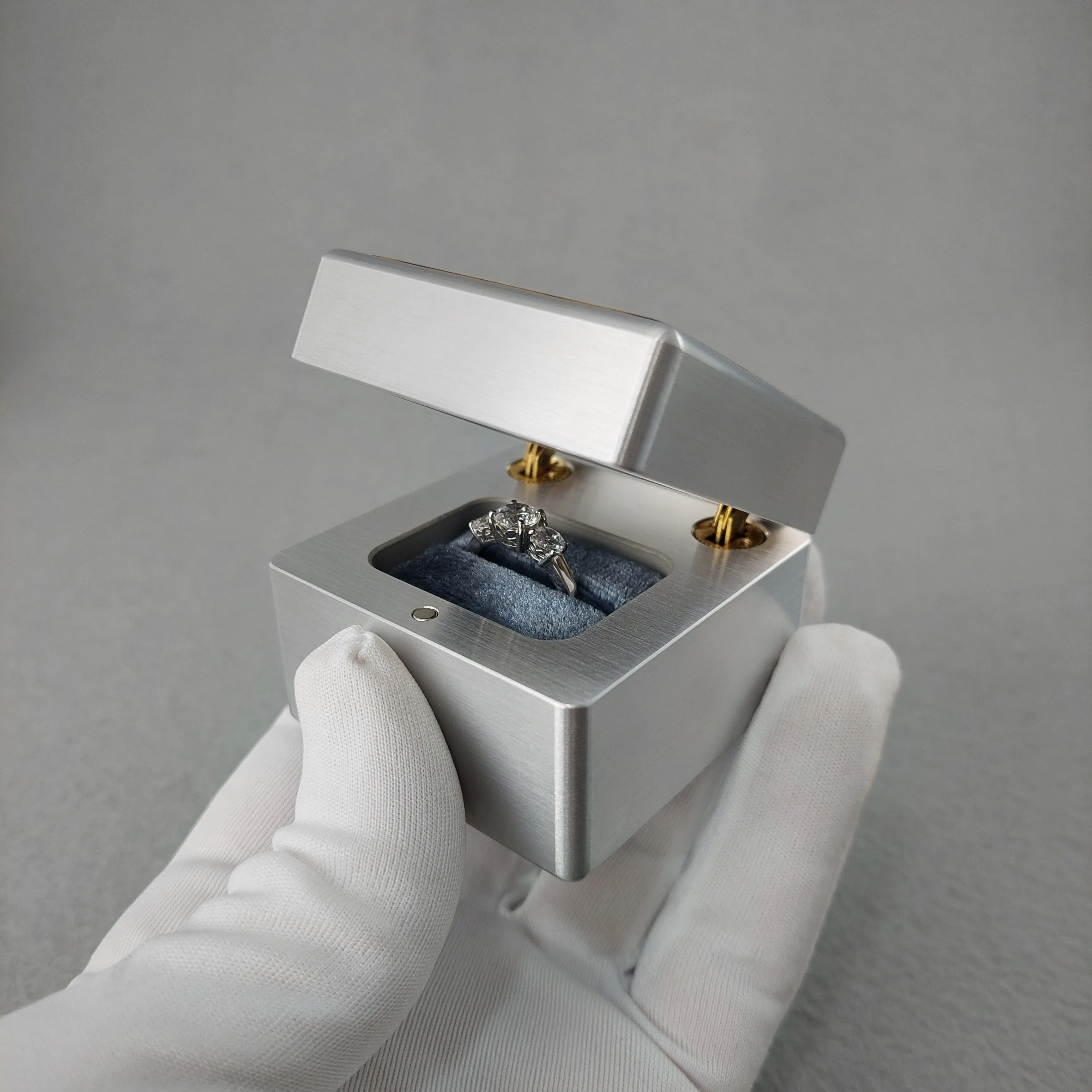 DPCustoms "Smooth Operator" Engagement Ring Box in Brushed Solid Aluminum and Brass, Featuring Leopardwood, Bloodwood, Zebrawood Inlays