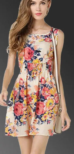 Dress Women Casual Bohemian Boho Vintage Floral Print Sundress Printed Sleeveless Beach Chiffon Dresses Tank Mini 19