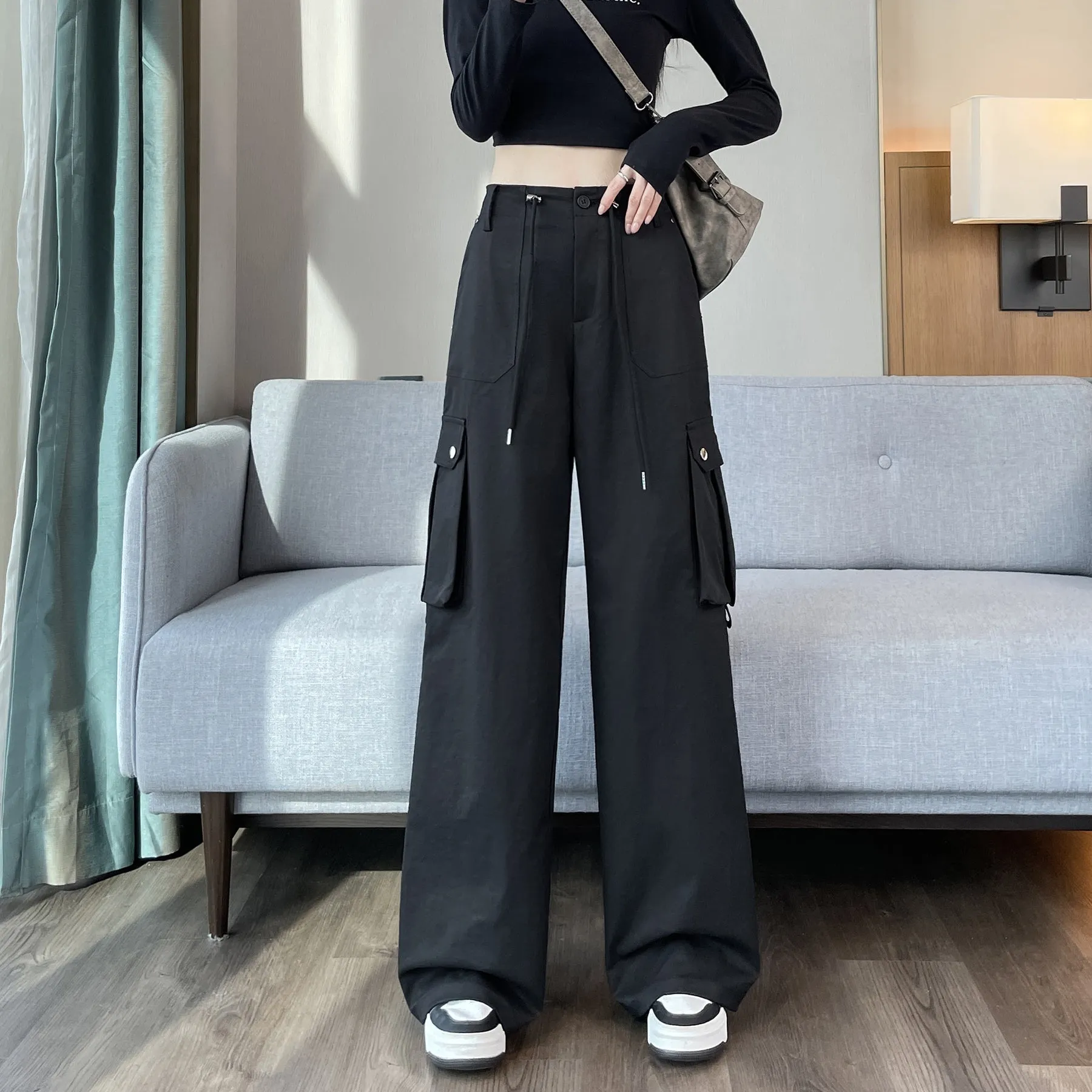 Durable Women's Cargo Pants in Solid Color with Straight Leg Design