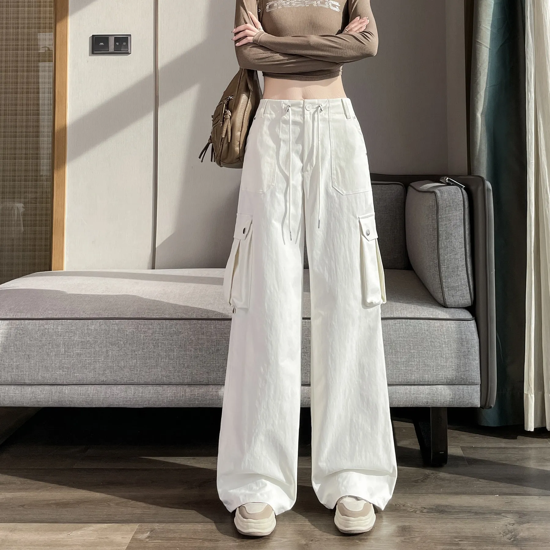 Durable Women's Cargo Pants in Solid Color with Straight Leg Design