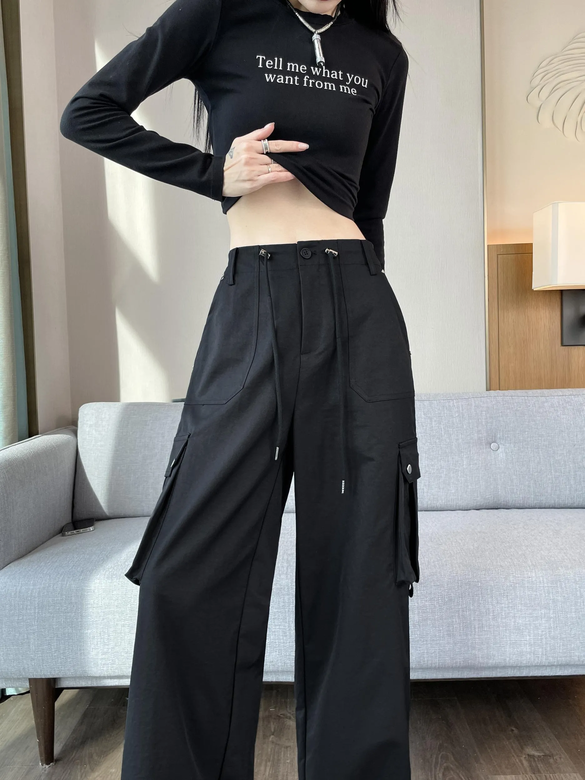 Durable Women's Cargo Pants in Solid Color with Straight Leg Design