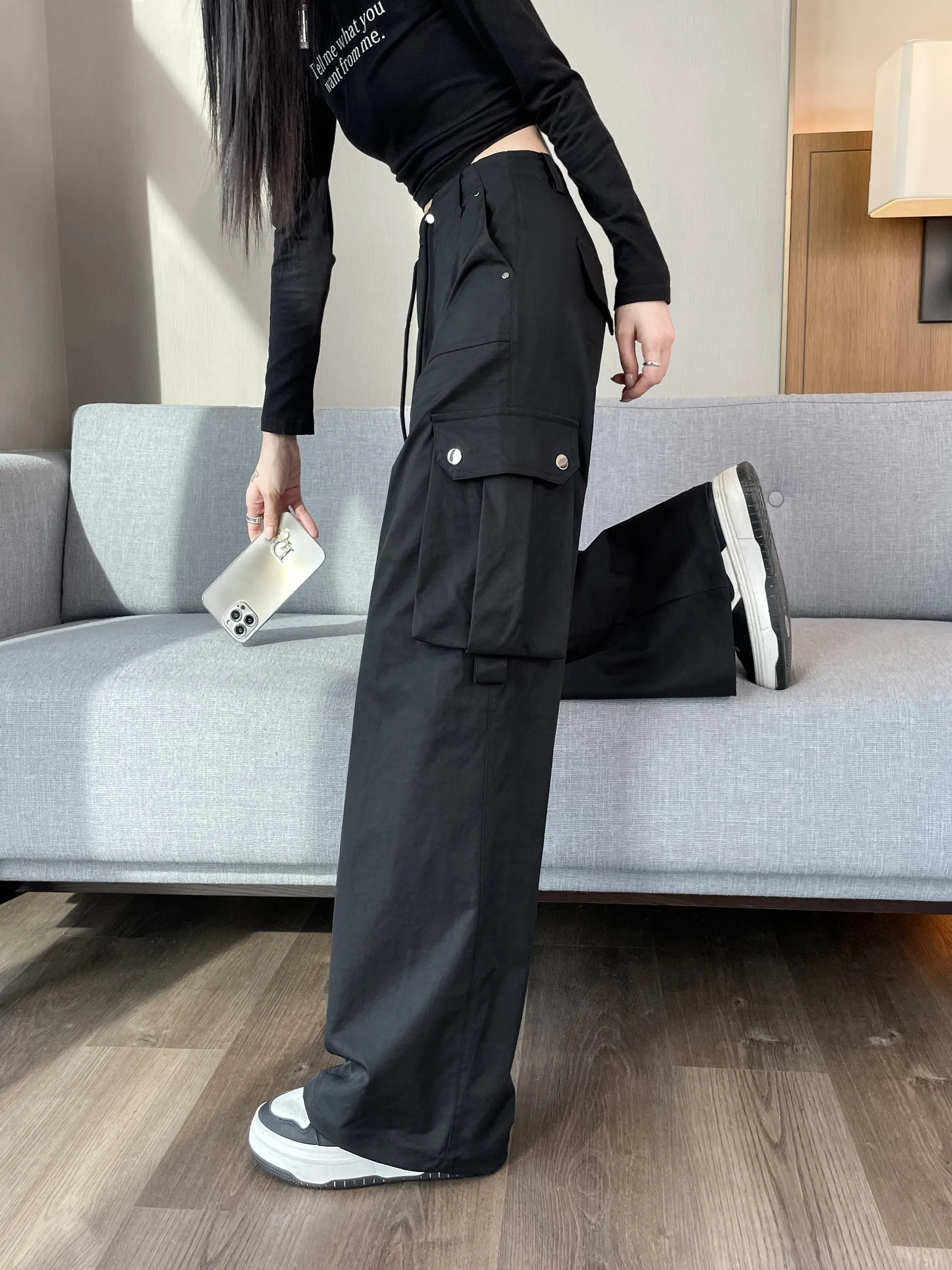 Durable Women's Cargo Pants in Solid Color with Straight Leg Design