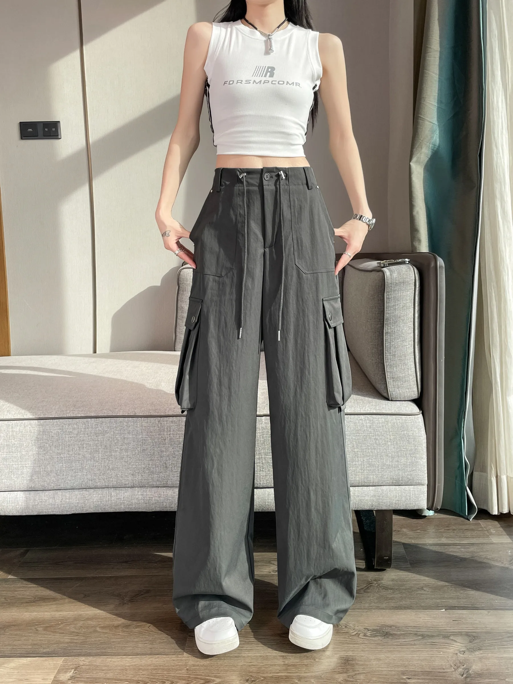Durable Women's Cargo Pants in Solid Color with Straight Leg Design