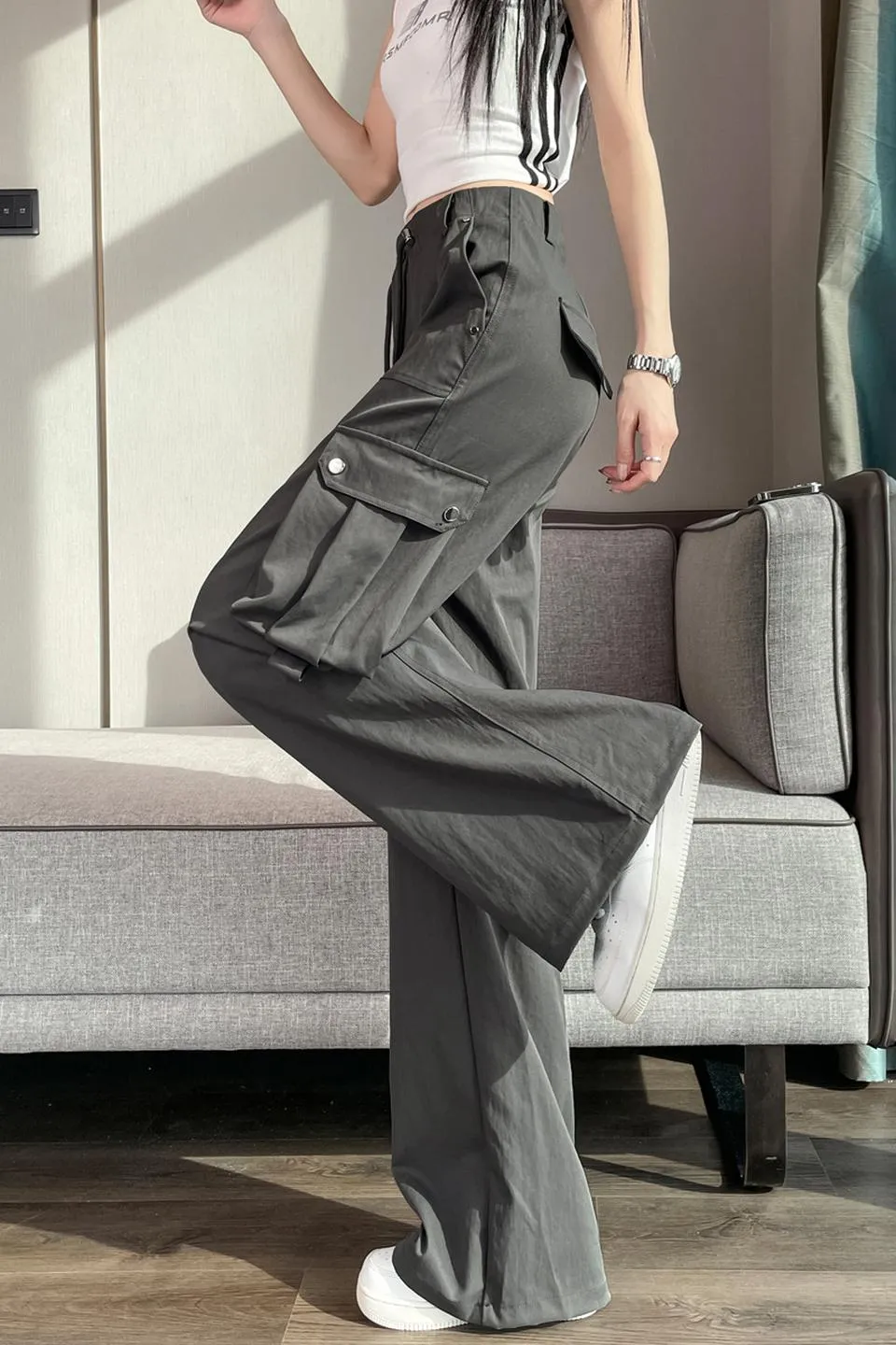 Durable Women's Cargo Pants in Solid Color with Straight Leg Design