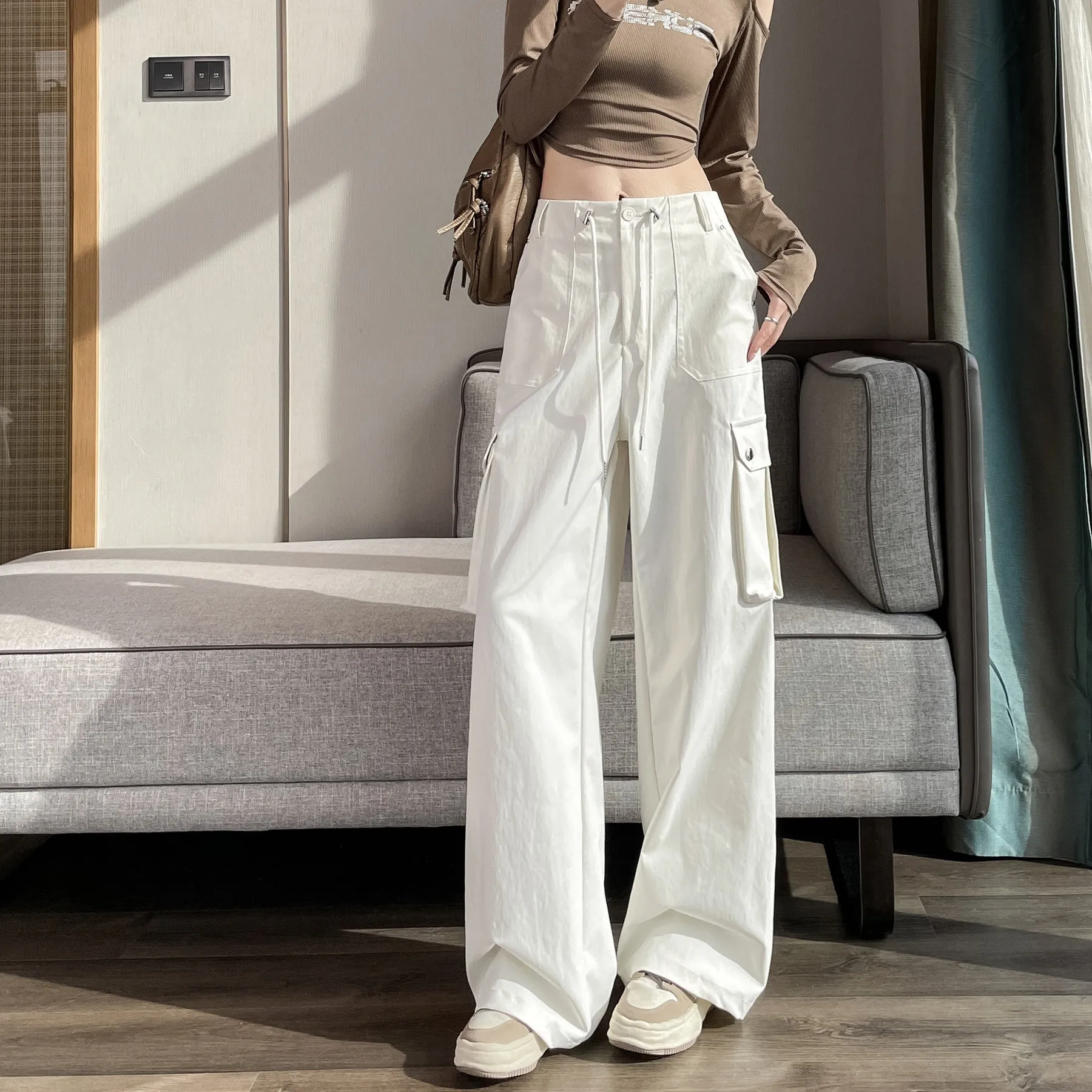 Durable Women's Cargo Pants in Solid Color with Straight Leg Design
