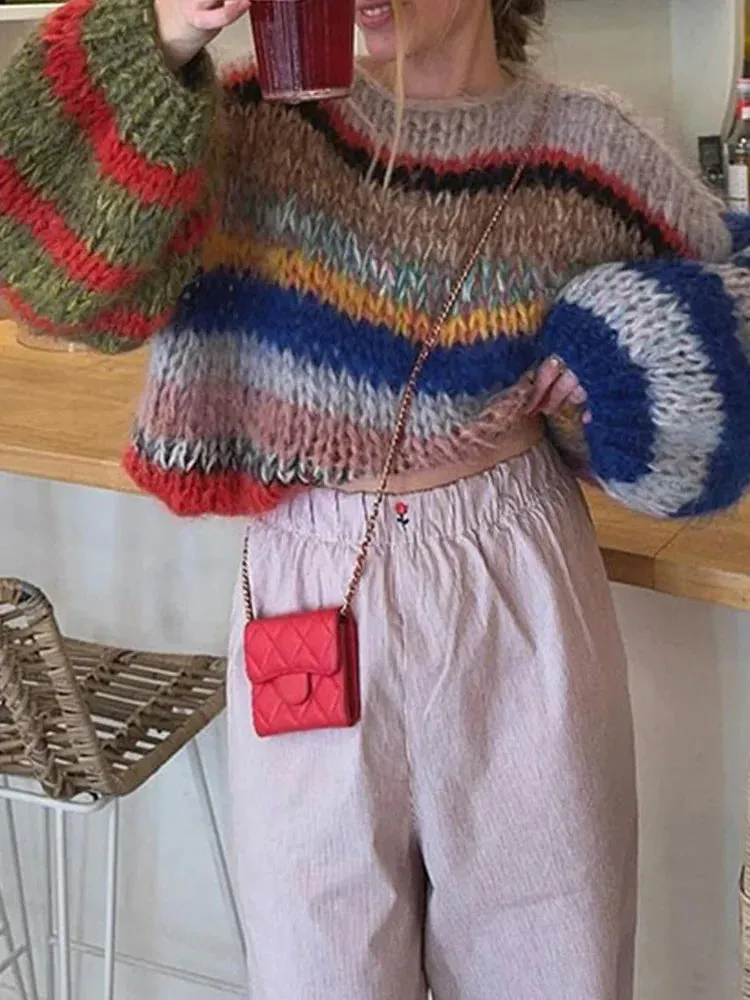 Elegant Multi Color Striped O-Neck Crochet Knitted Sweaters