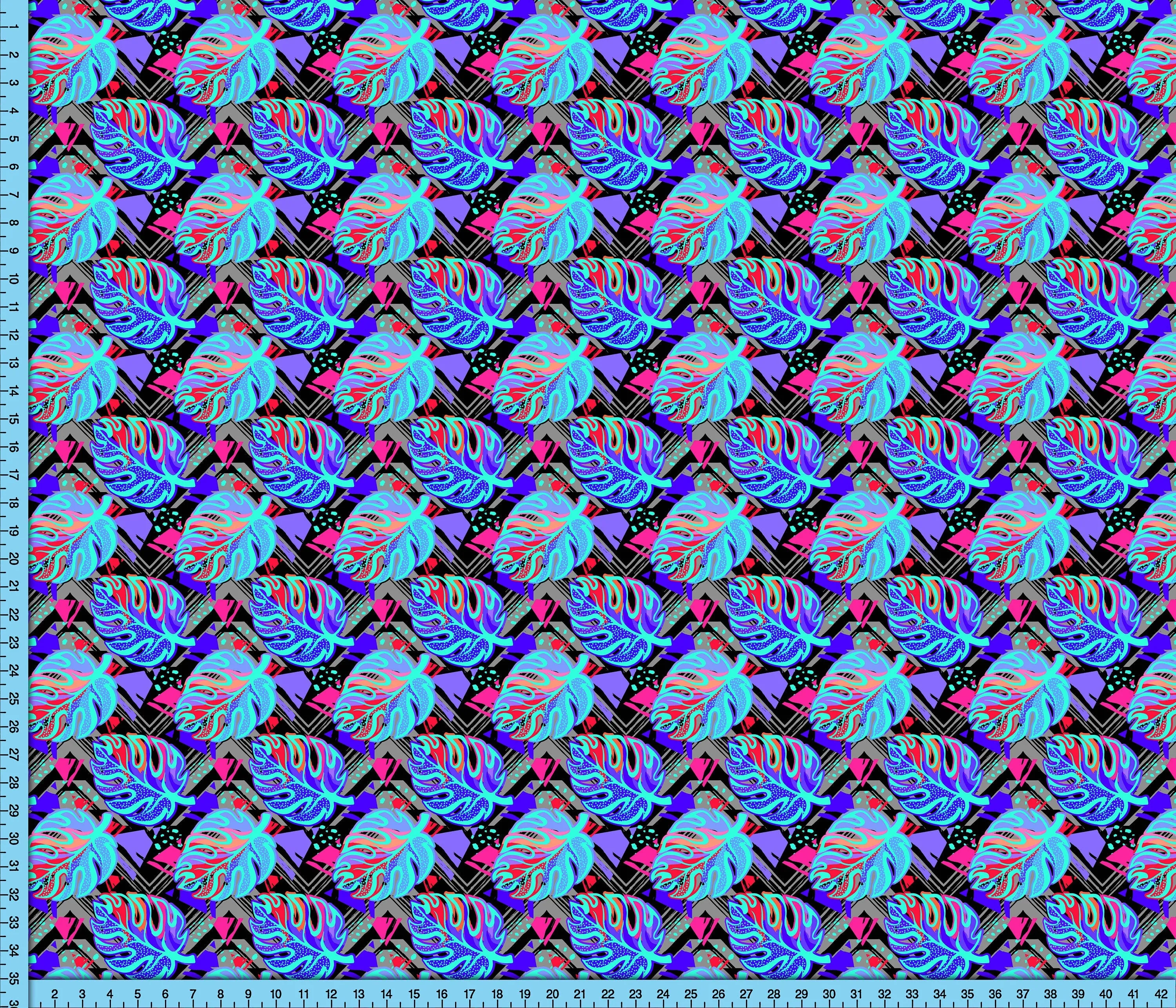 Exotic Tropical Leaves Fabric By The Yard, Neon Blue and Red Leaf Fabric Printed on the fabric of your choice