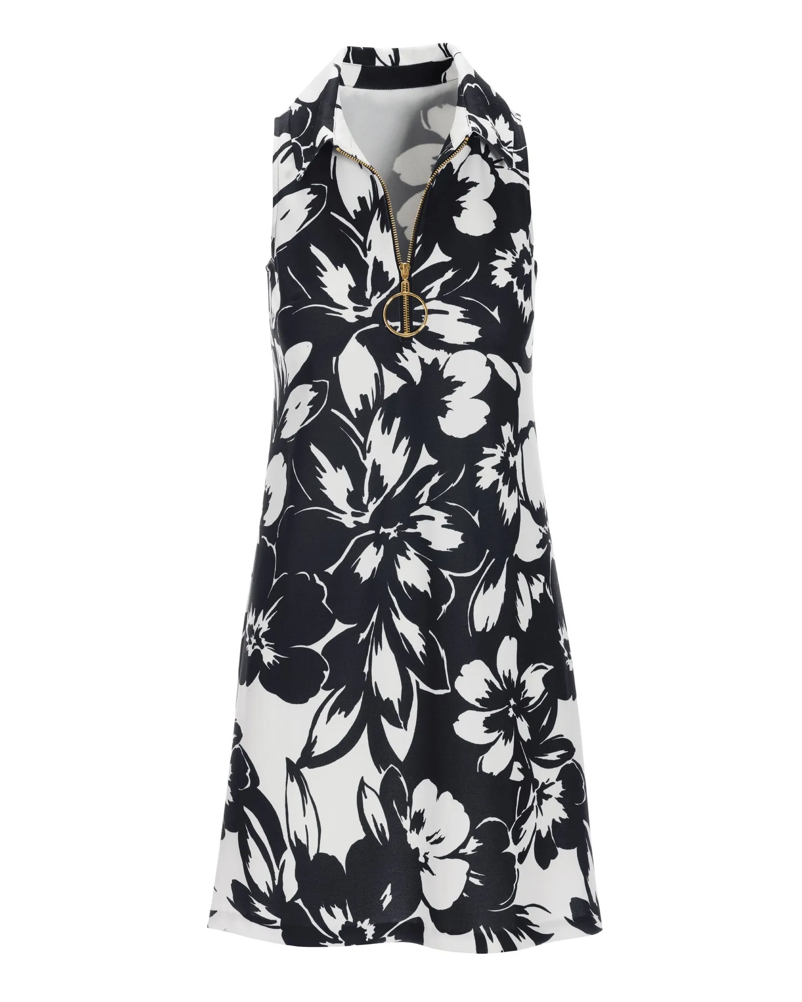 Exploded Florals Print Zip Collar Dress Black/White