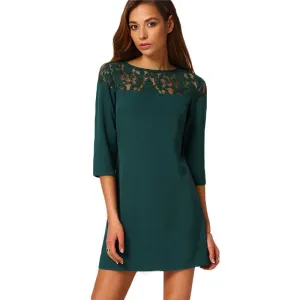 Female Shift Dresses Women Vestiti Donna Casual Dark Green Three Quarter Length Sleeve Mini Dress