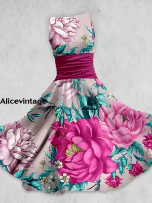 Floral Art Print Elegant Vintage Chic Sleeveless Tank Midi Dress