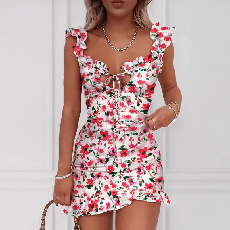 Floral Print Tied Detail Ruffles Sleeveless Mini Dress