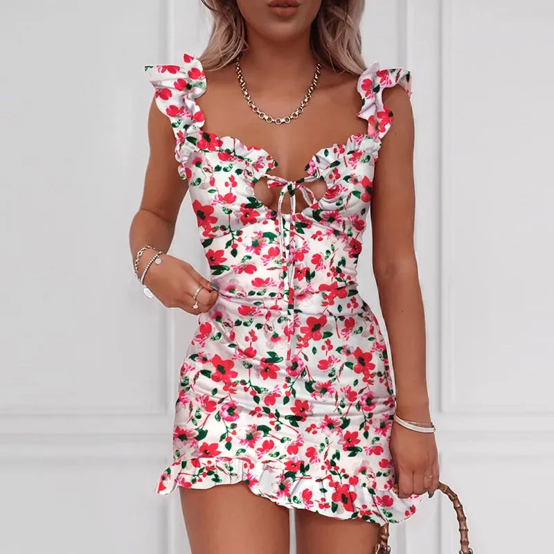 Floral Print Tied Detail Ruffles Sleeveless Mini Dress