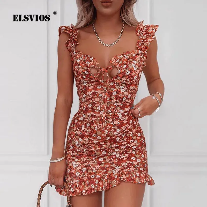 Floral Print Tied Detail Ruffles Sleeveless Mini Dress