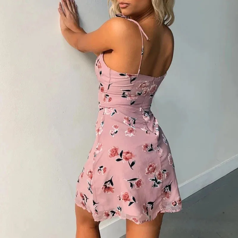 Floral Print Tied Detail Ruffles Sleeveless Mini Dress