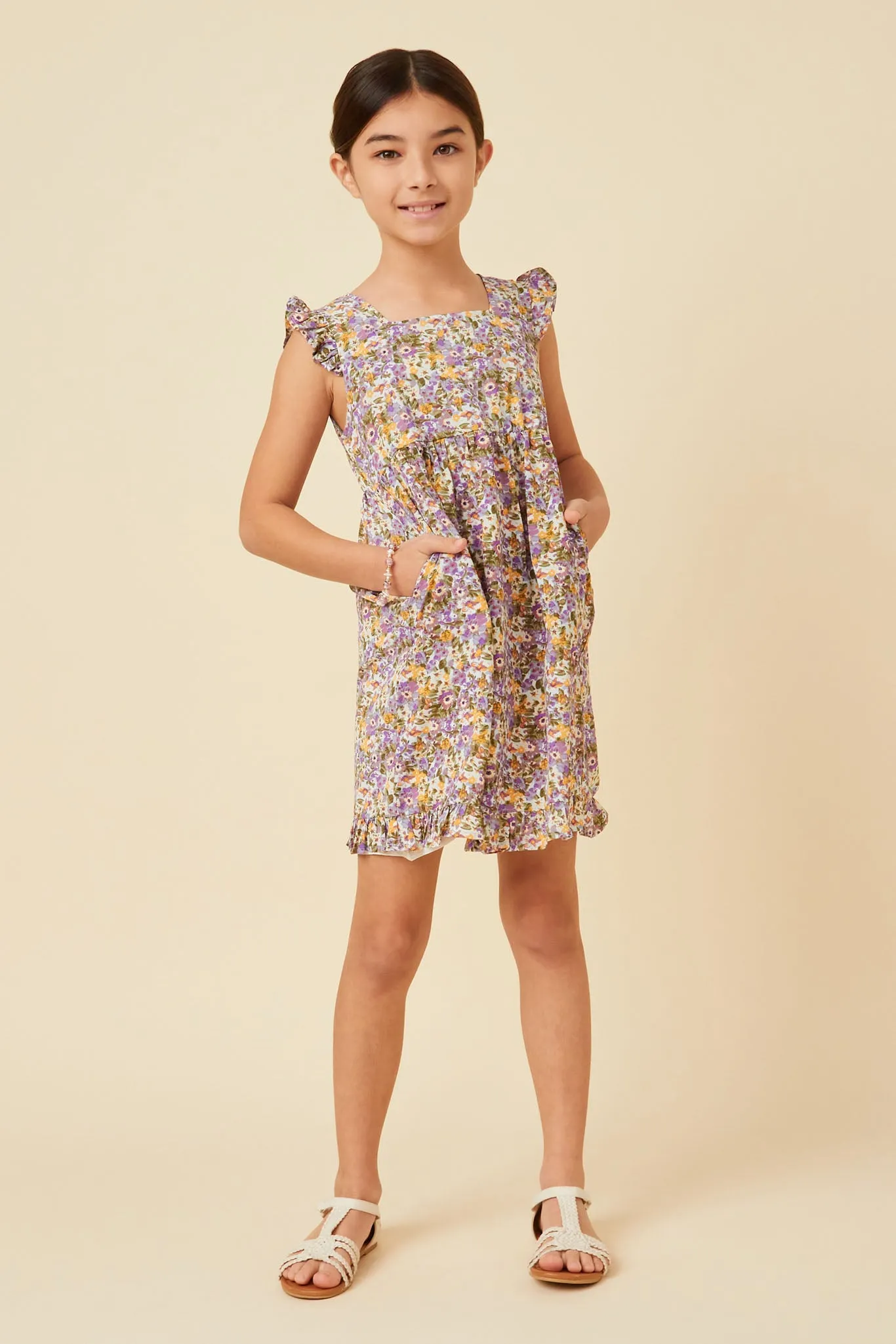 Floral Ruffle Hem Square Neck Tank Dress