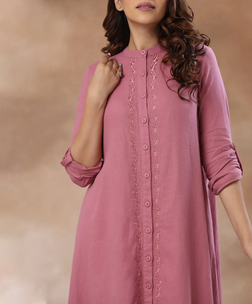 Front Buttoned Embroidered Shift Dress