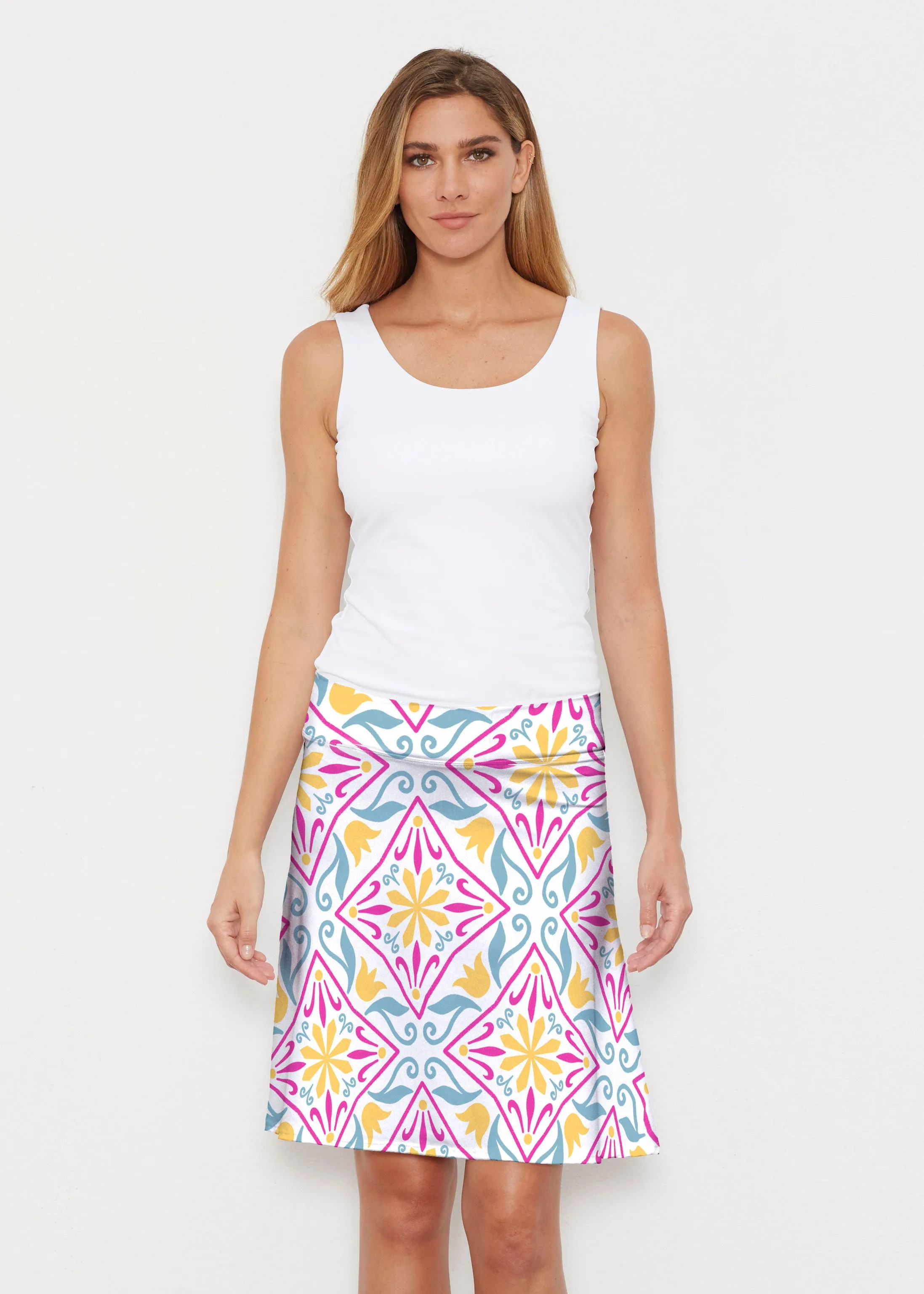 Geo Tile Blue (8158) ~ Silky Brenda Skirt 21 inch