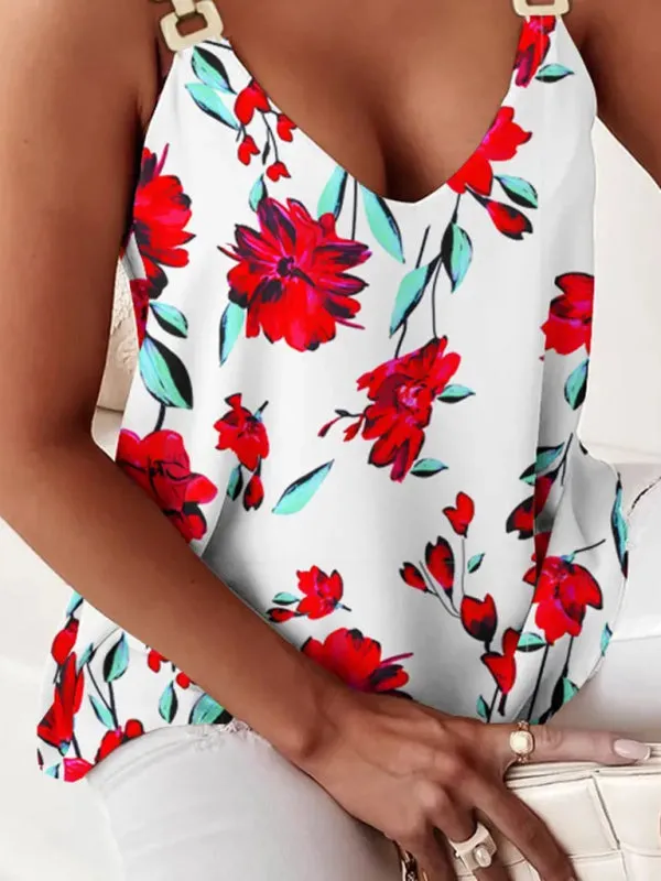 Geometric Print Sleeveless Tank Top with Chain Halter