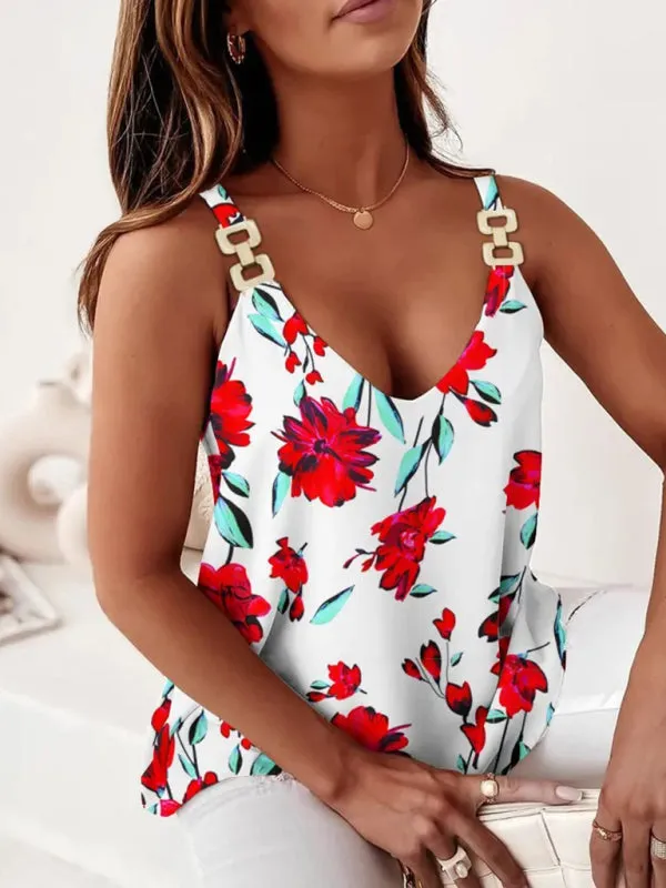 Geometric Print Sleeveless Tank Top with Chain Halter