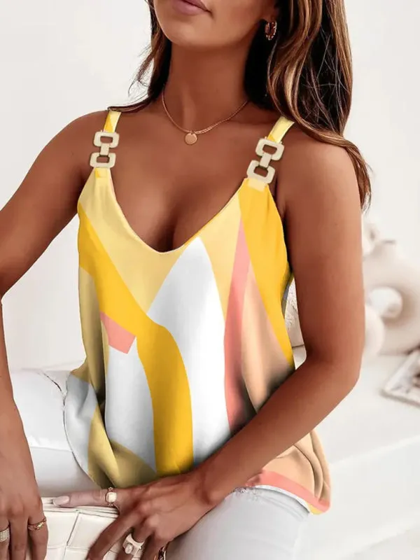 Geometric Print Sleeveless Tank Top with Chain Halter