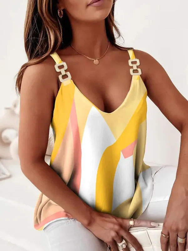 Geometric Print Sleeveless Tank Top with Chain Halter