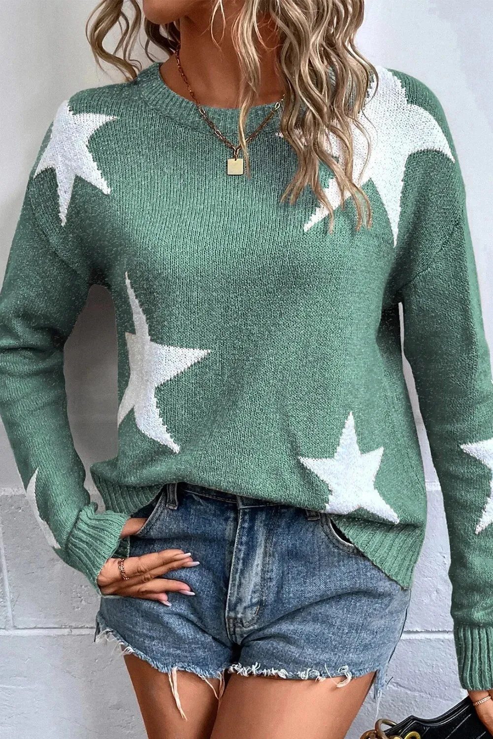 Glory Star Round Neck Dropped Shoulder Sweater
