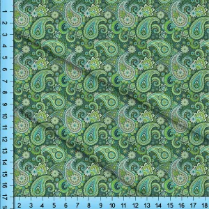 Green Paisley Ornate Fabric Pattern By the Yard or Fat Quarter. Jersey Knit, Poplin, Gabardine, Satin, Upholstery, Double Brushed