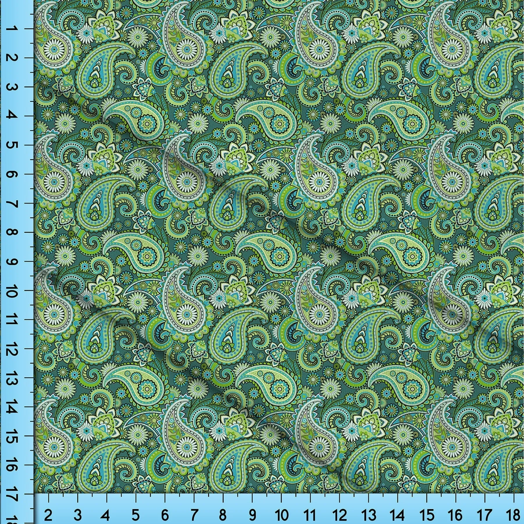 Green Paisley Ornate Fabric Pattern By the Yard or Fat Quarter. Jersey Knit, Poplin, Gabardine, Satin, Upholstery, Double Brushed