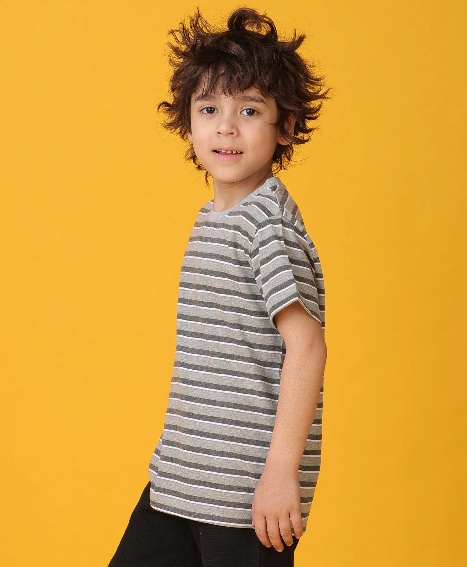 GREY MELANGE STRIPED SHORT SLEEVES BOYS T-SHIRT - GREY