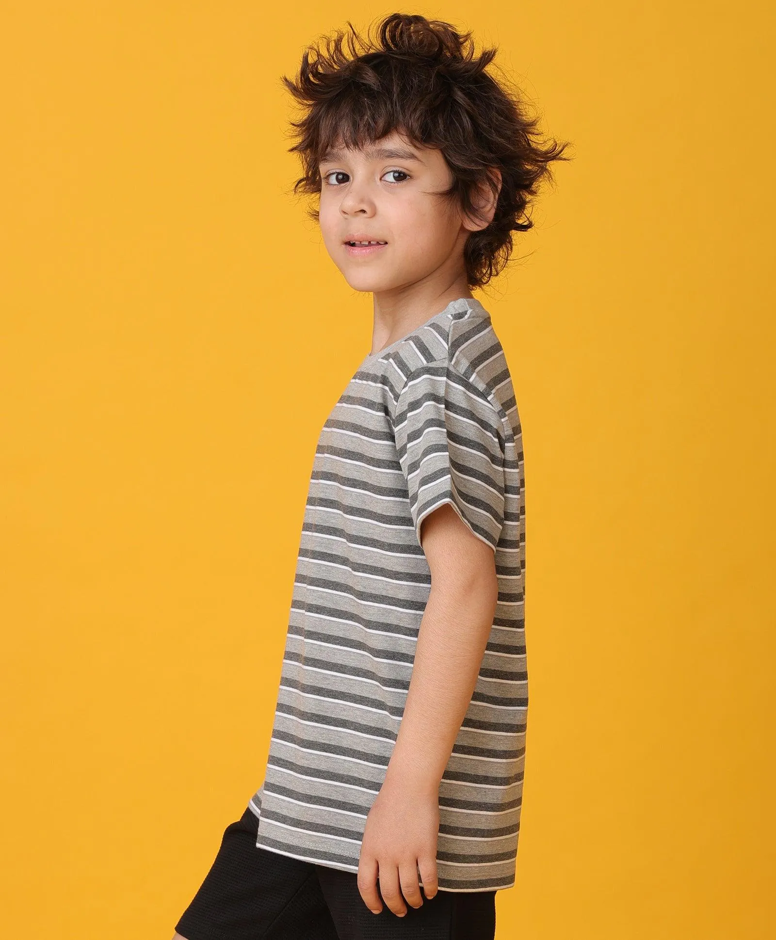 GREY MELANGE STRIPED SHORT SLEEVES BOYS T-SHIRT - GREY