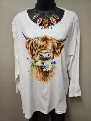 Highland Cow Graphic Prints - One Size Casual Top with 3/4 Sleeves